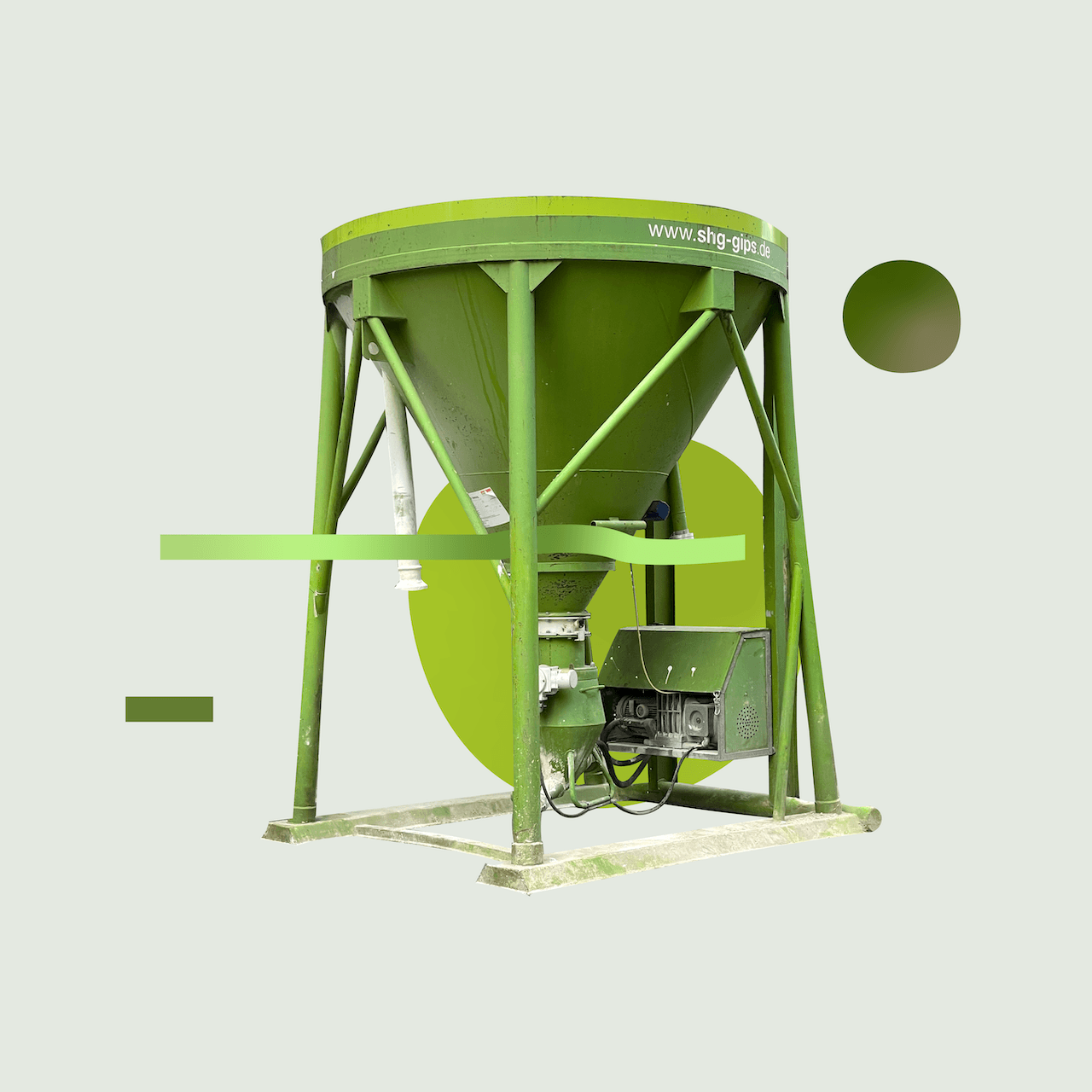 The artwork displays a large green conical hopper, which sits on a solid base supported by strong green legs. The hopper features a rounded top and a wider bottom, tapering downwards. To the side, there are geometric elements: a horizontal green bar and a dark green circle, adding a playful contrast. The background is a soft, light grey, enhancing the vivid greens of the hopper and shapes. The machinery has a stark, utilitarian design, showcasing the industrial theme of the piece.